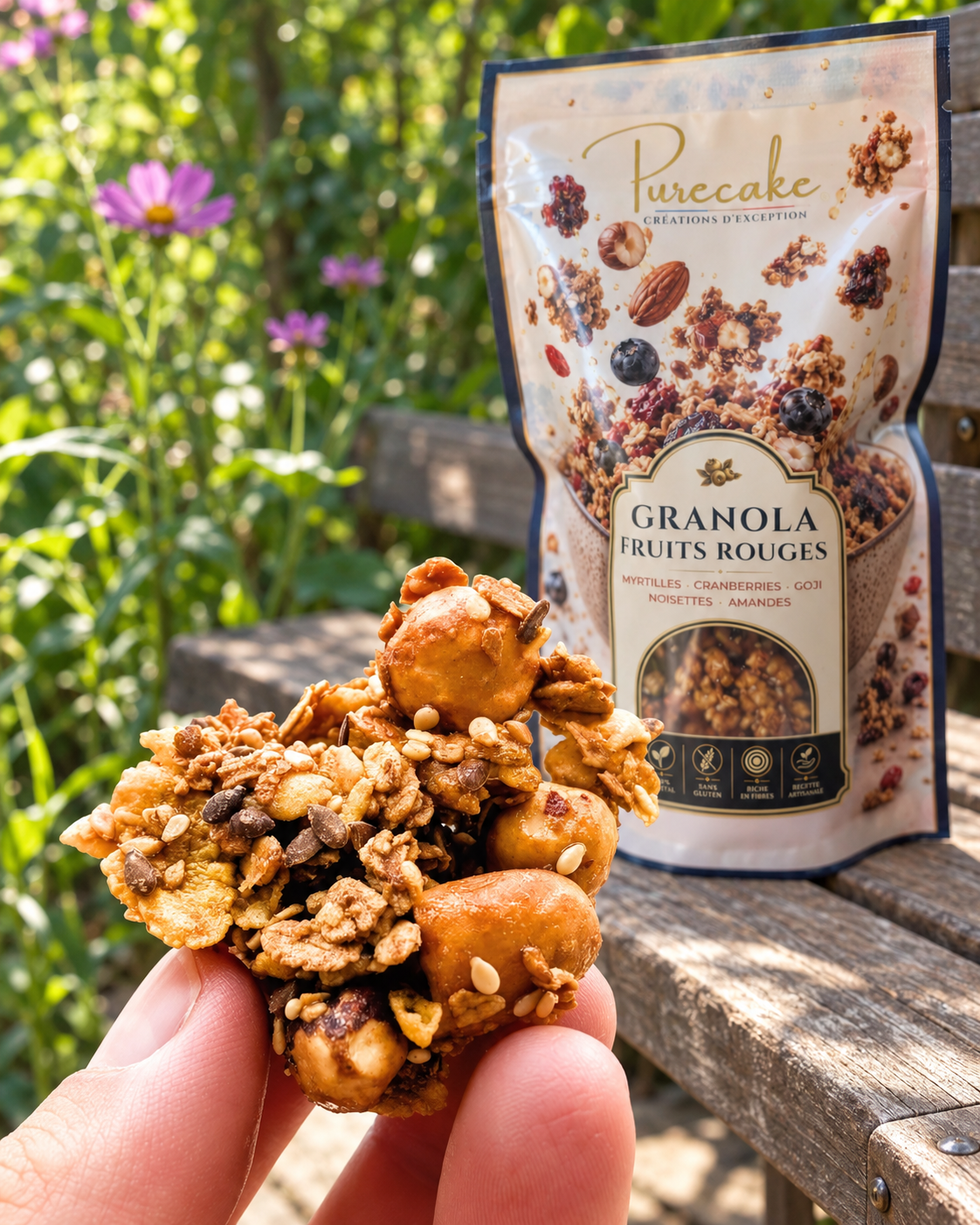 Gros éclat de granola Purecake aux noisettes tenu en main, avec le nouveau sachet Fruits rouges dans un jardin