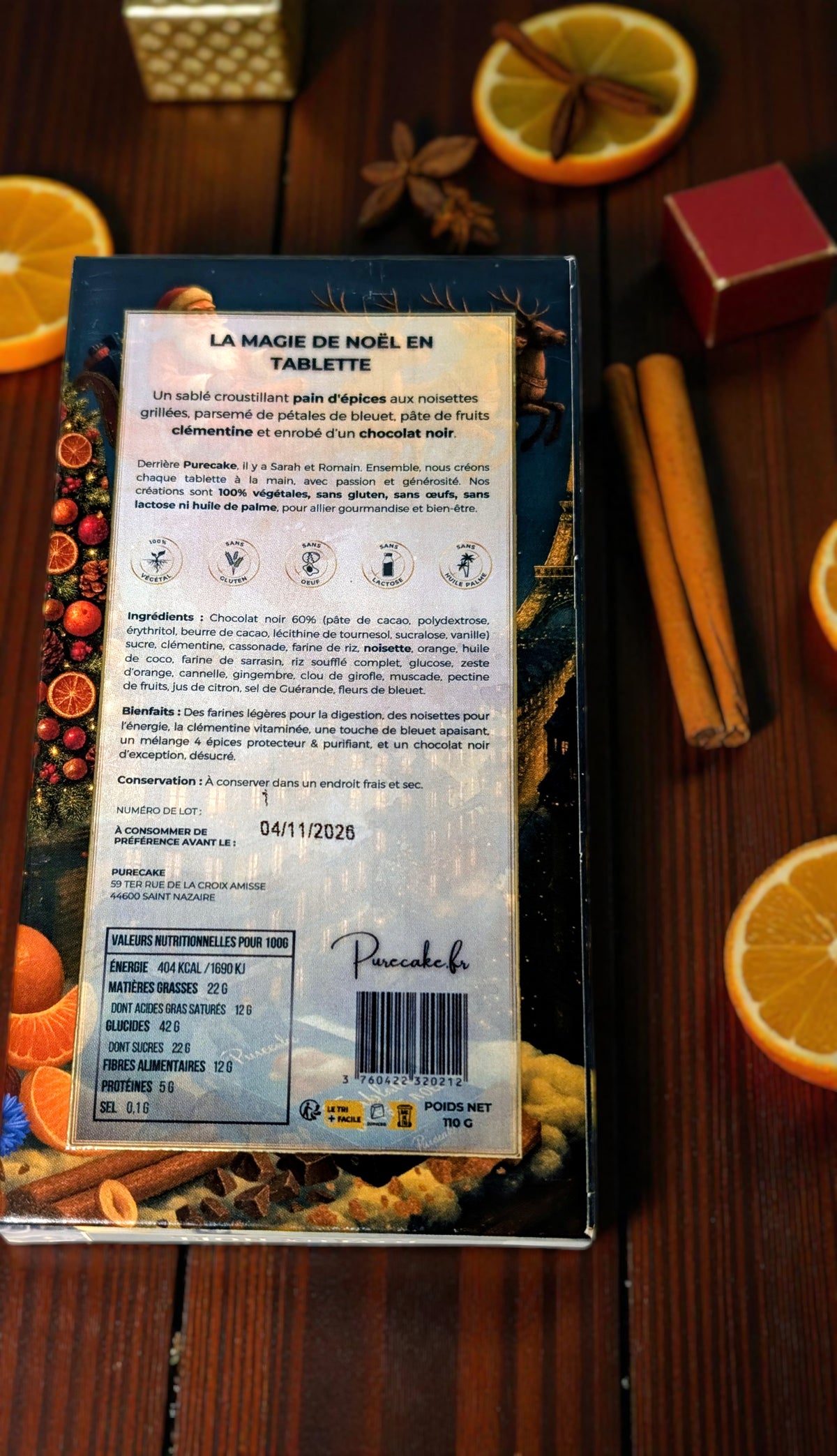 🎅LA TABLETTE DE NOËL – Sablé noisette, Chocolat noir, Clémentine – 100% végétale & sans gluten 🎄
