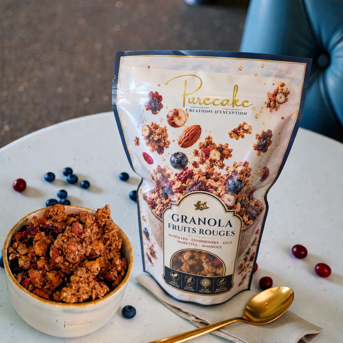 Granola Fruits rouges Purecake : nouveau sachet à côté du bol de granola, sur la table de la photo d’origine