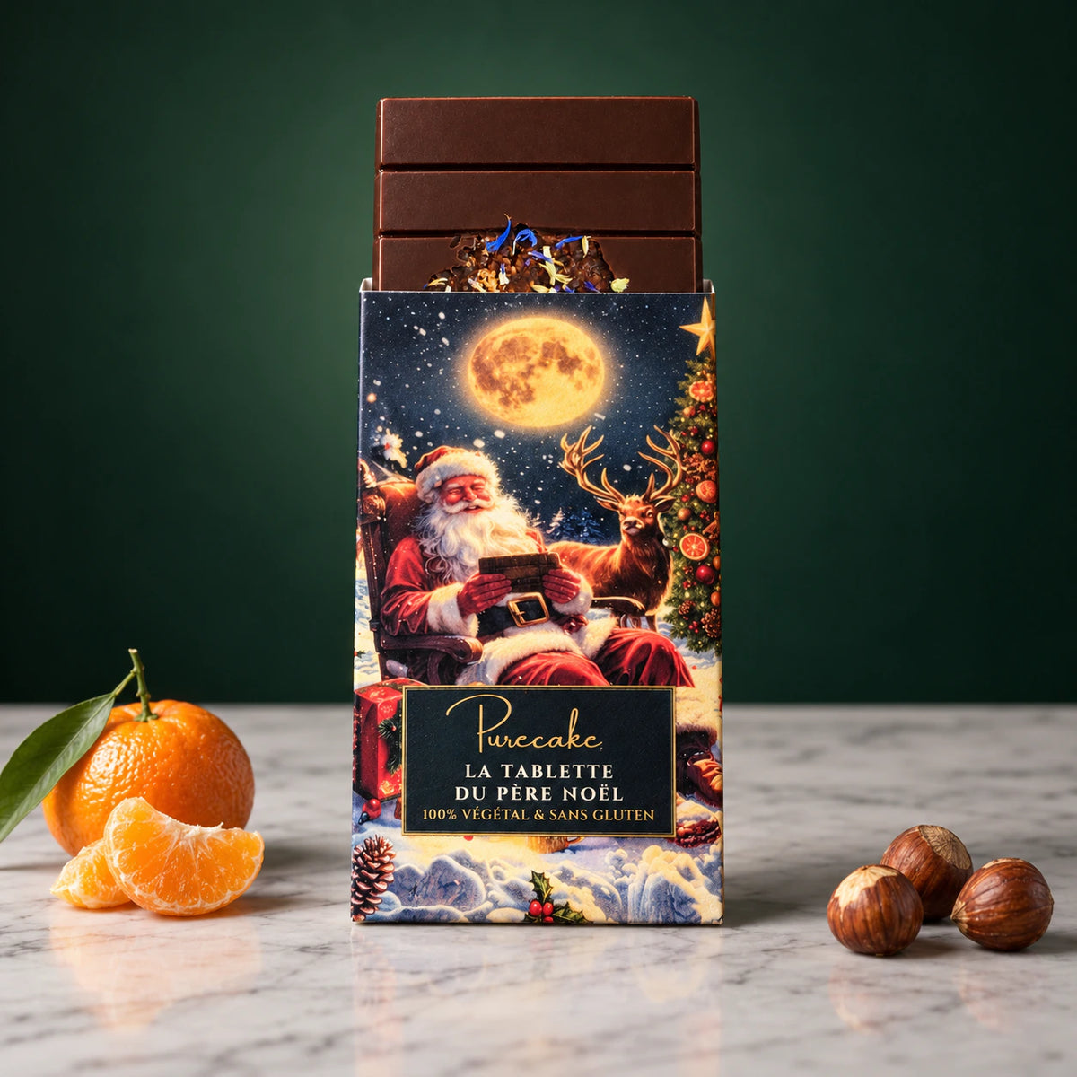Tablette de Noël Purecake vegan et sans gluten, au chocolat noir, dans sa boîte avec clémentine et noisettes.