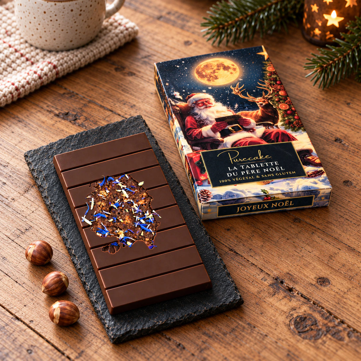 Tablette de Noël Purecake au chocolat noir et aux pétales de bleuet, à côté de sa boîte cadeau.