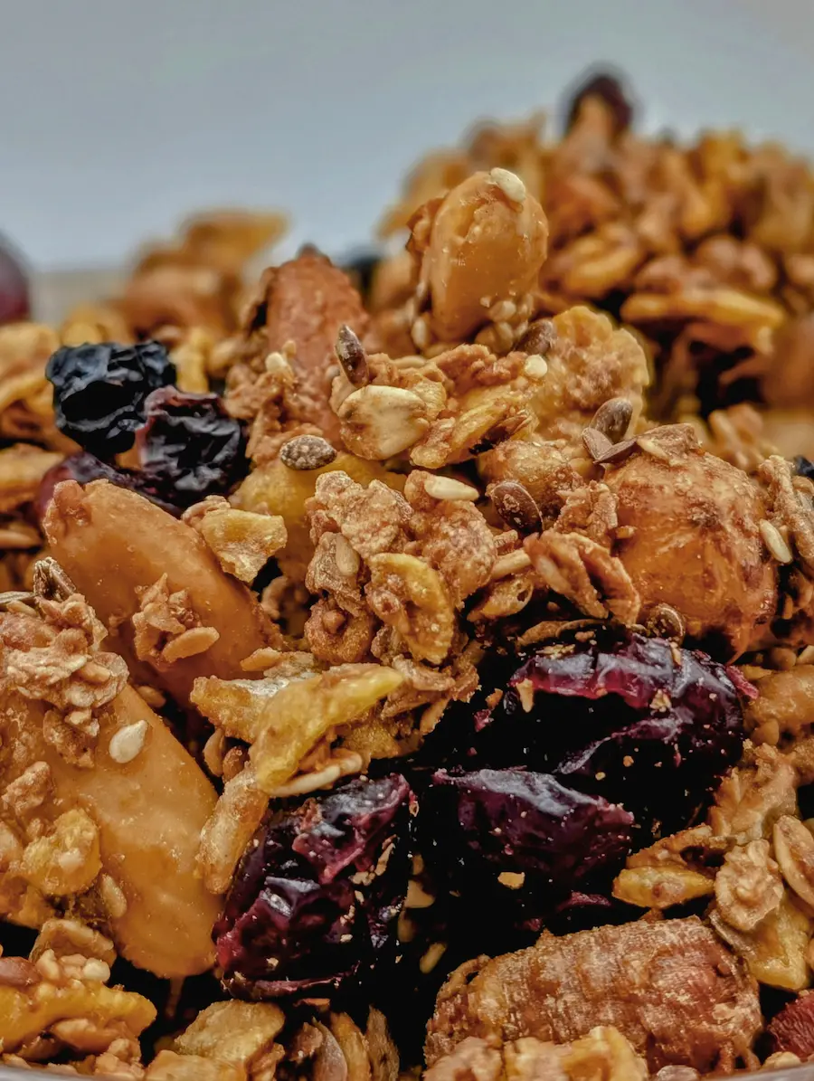 Gros plan Granola Boost Purecake Myrtille baie de goji vegan